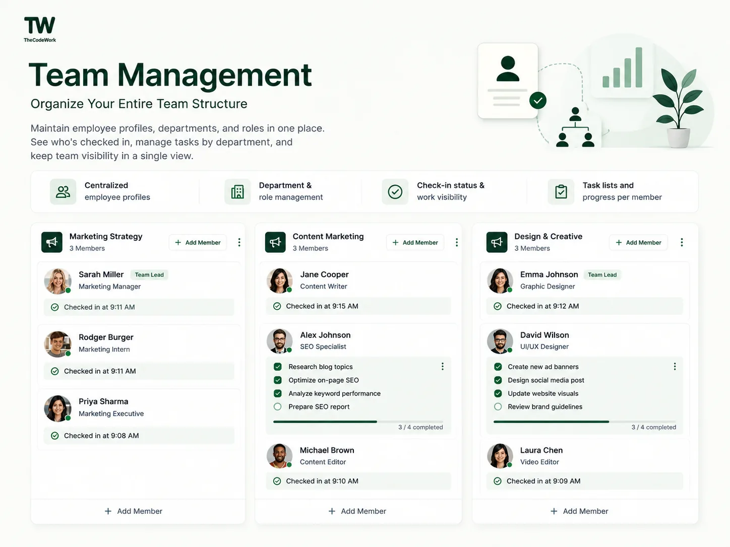 Team overview dashboard with departments, check-ins, and tasks in CrewForge