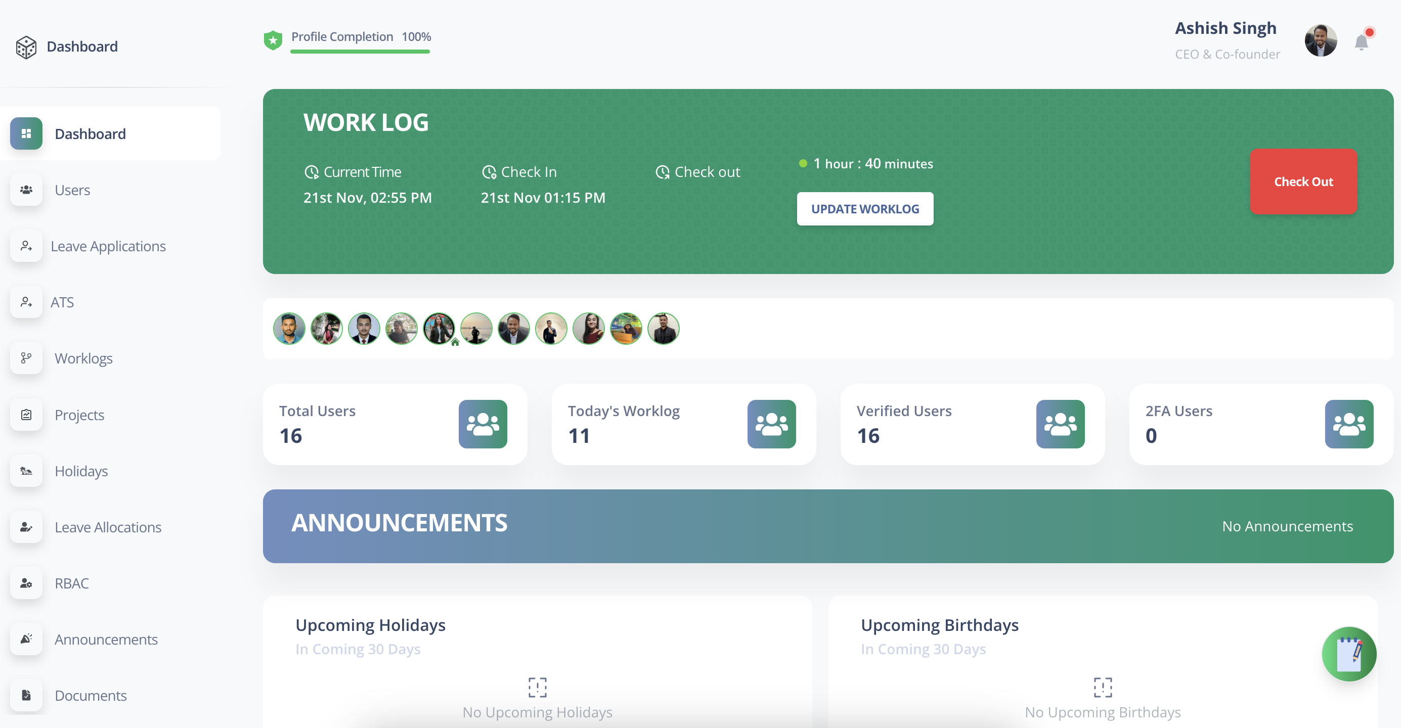 CrewForge operations dashboard showing worklogs, who is working, and announcements